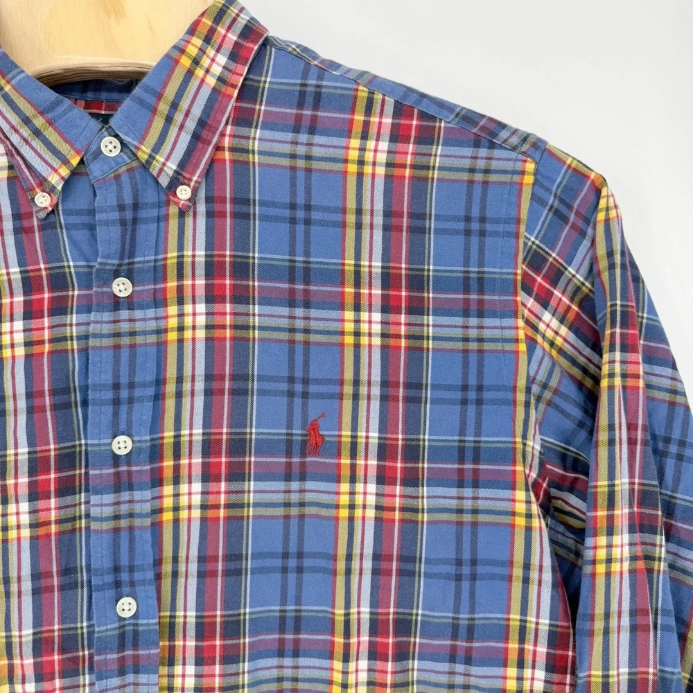Polo Ralph Lauren Mens XXL Classic Fit Plaid Button Down Shirt Blue Red Cotton